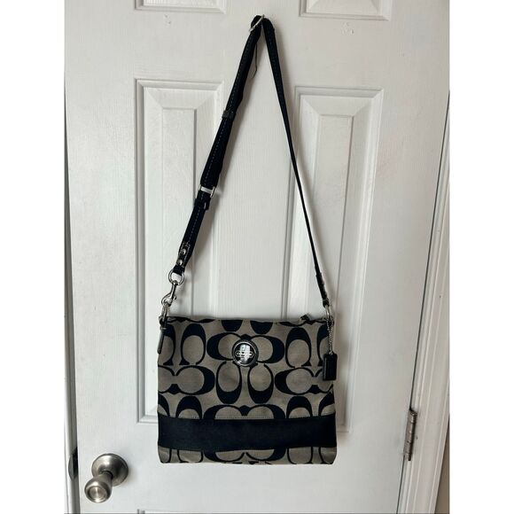 COACH CROSSBODY PURSE ~ Signature Stripe black and tan - Picture 2 of 8